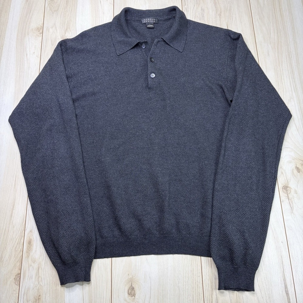 HAROLD POWELL CASHMERE SILK Knit Polo Long Sleeve Mens Large Charcoal Black - Picture 2 of 8